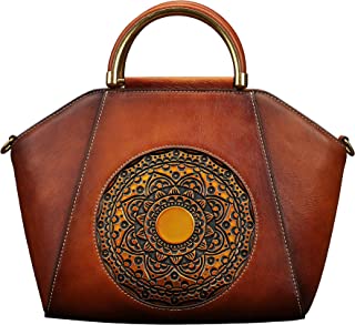 Women Genuine Leather Handbags, Organizer Retro Vegetable Tanning leather Satchel Vintage Embossing Totem Shoulder Bag