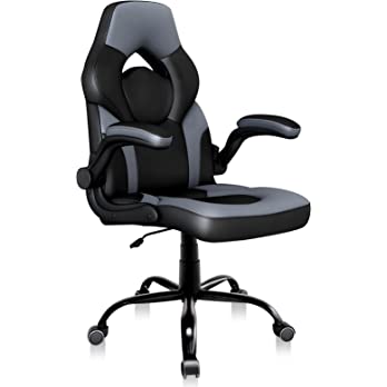          Office Gaming Chair with Flip-up Armrests, Ergonomic Computer Game Chair Bonded Leather Swivel Desk Chair Adjustable Height Comfortable Upholstered Armrests(Gray)        