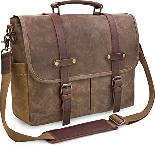 Mens Messenger Bag 15.6 Inch Waterproof Vintage Genuine Leather Waxed Canvas Briefcase Large Leather Computer Laptop Bag Rugged Satchel Shoulder Bag, Brown