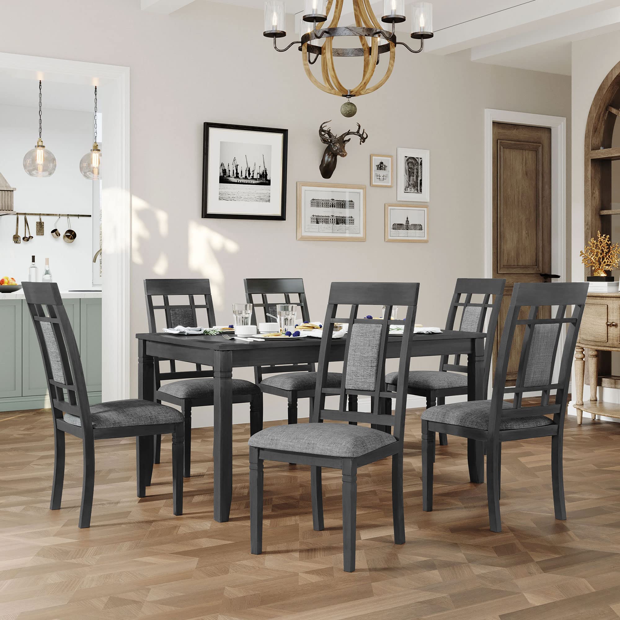 Woanke 7 Piece Table Furniture 6 Padded Chairs, Farmhouse Rustic Wooden Set for Kitchen, Dining Room, Dinette, 3-Gray