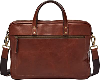 Men's Haskell Leather Single Zip Briefcase Messenger Laptop Bag, Cognac , (Model: MBG9343222)