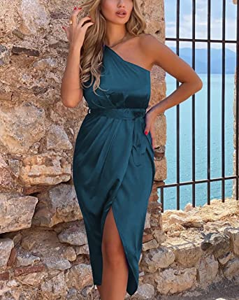         PRETTYGARDEN Women's 2023 Summer Ruched Bodycon Dress Sleeveless One Shoulder Wrap Satin Belted Cocktail Midi Dress        