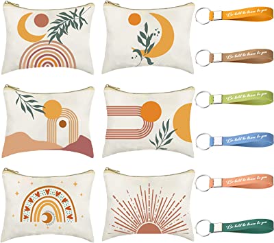 12 Pcs Boho Cosmetic Bags Bulk With 6 Rainbow Makeup Bags And 6 Inspirational Quote Keychains Canvas Makeup Bags For Women Teacher Employee Coworker Graduation Appreciation Gift Cute Pencil Pouch