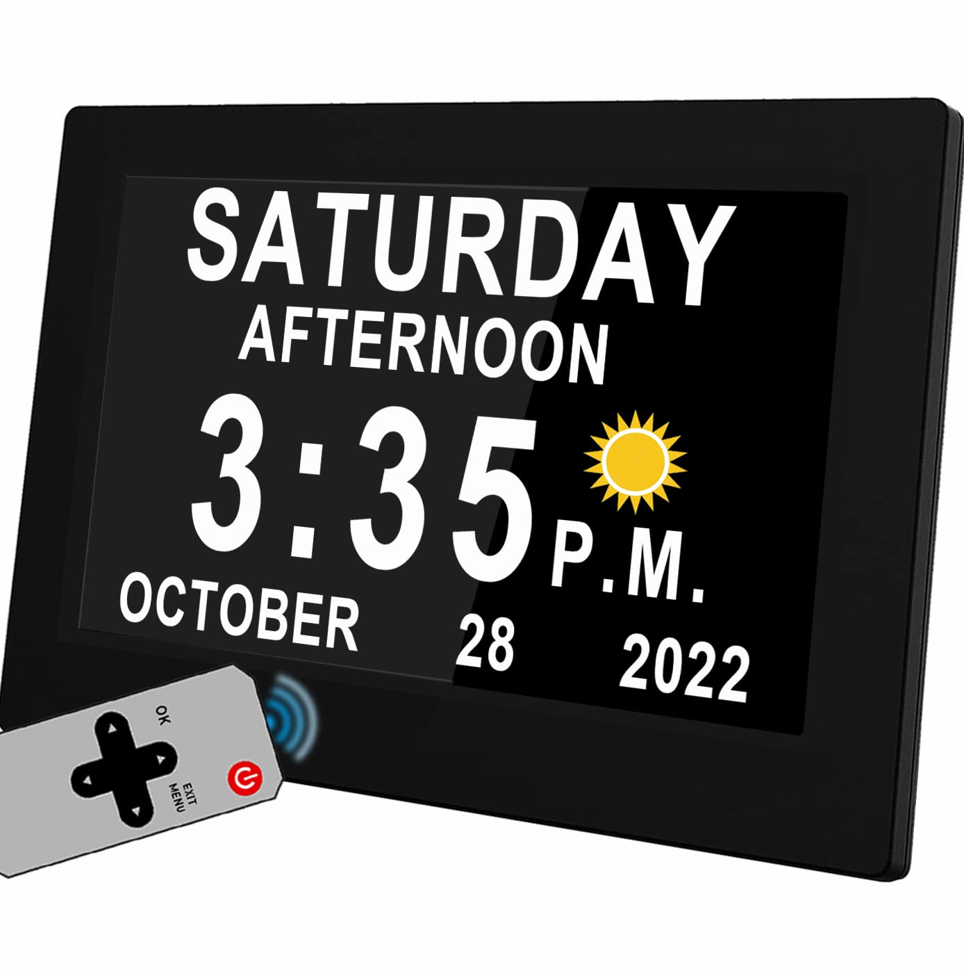 MASSII 19 Alarms Digital Clock with Sun Moon Icons, Custom Reminders and Calendar Clock, Day Date Clock for Impaired Vision, Seniors Dementia Alzheimers' Clock- 7 Inch with Remote Control