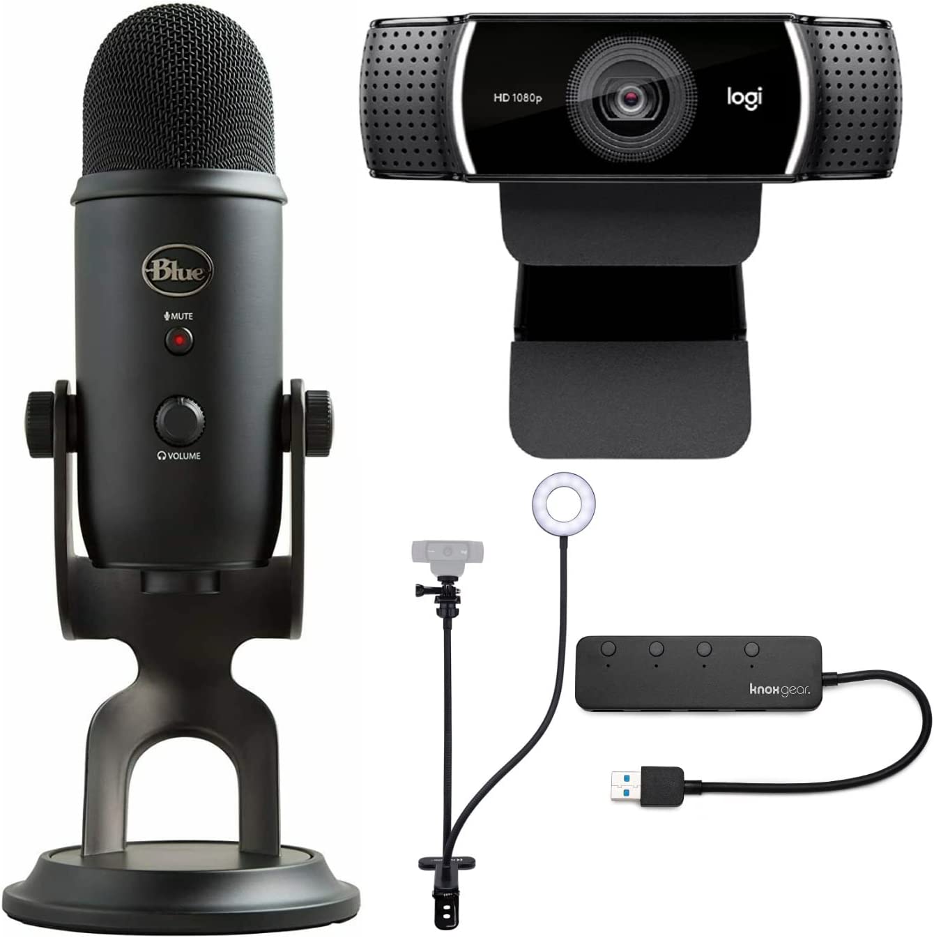         Blue Microphones Yeti USB Microphone Blackout Bundle with Logitech C922 Webcam and Knox Gear Webcam Stand with Selfie Ring Light (4 Items)       
