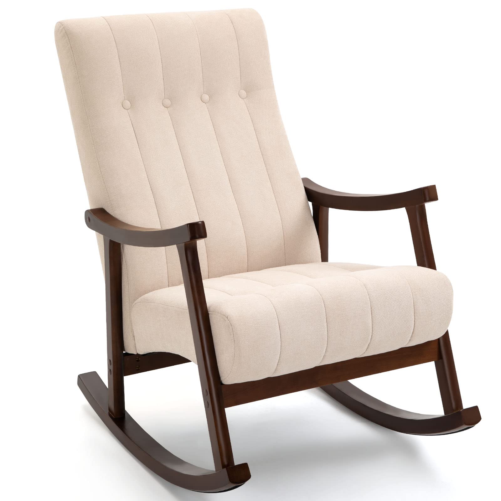 AVAWING Upholstered Rocking Chair with Fabric Padded Seat,Comfortable Rocker Solid Wood for Living Room,Modern High Back Armchair,Adult Single Sofa,Old Man Chair (Beige)