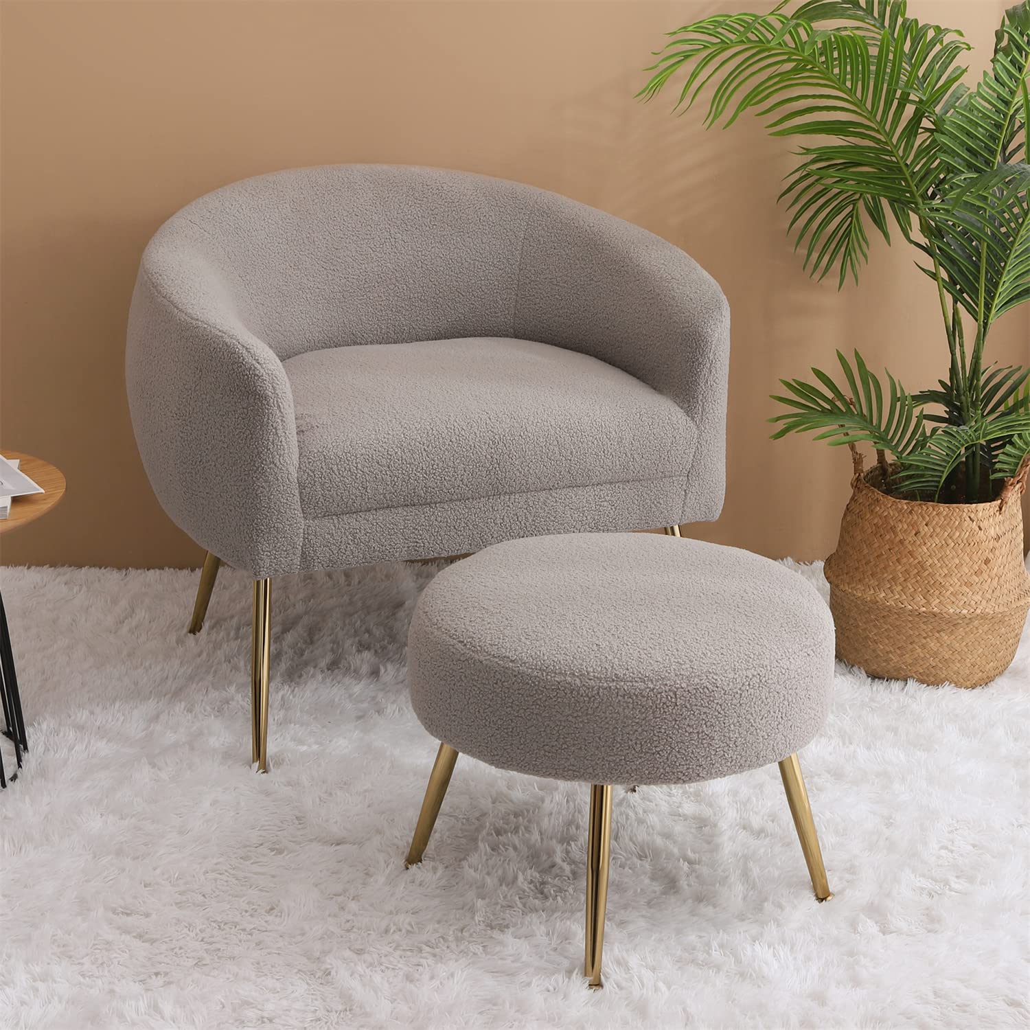 Accent Chair with Ottoman, Modern Velvet Upholstered Armchair with Gold Legs and Ergonomic Backrest Comfy Single Sofa Chair Lounge Chair Accent Chair for Living Room Bedroom, Gray