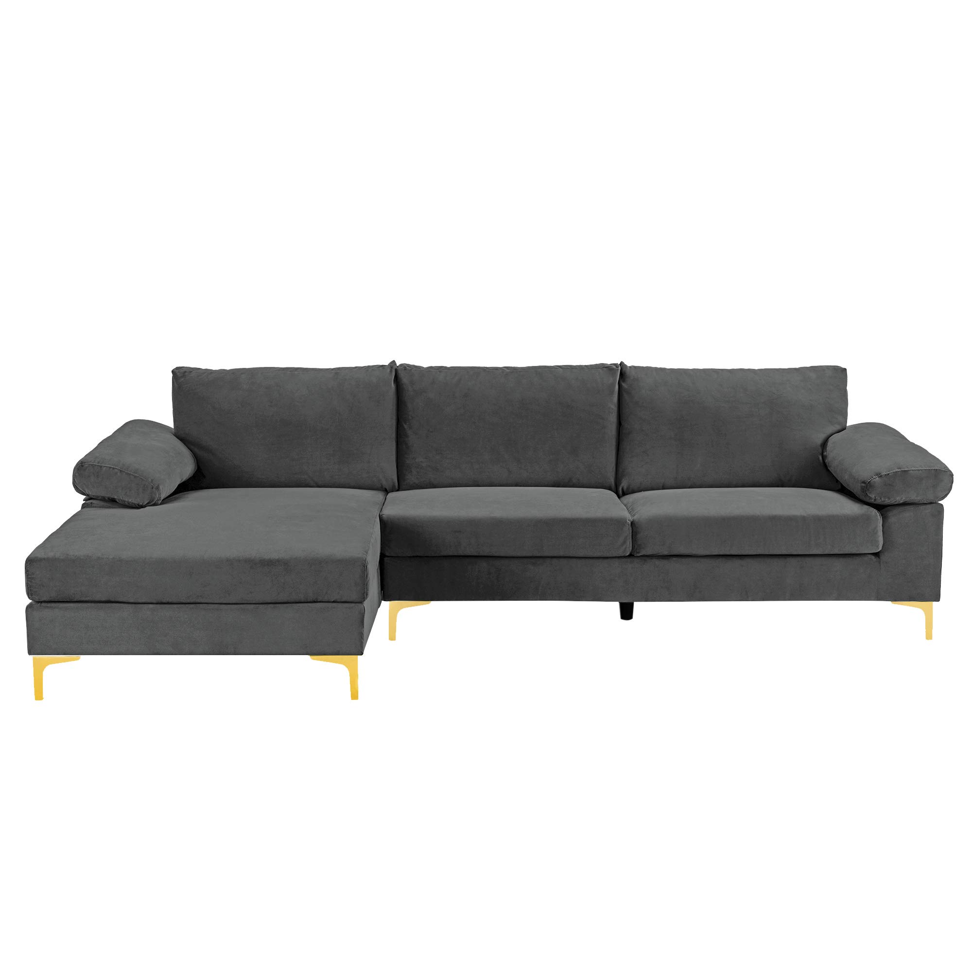 Casa Andrea Milano Modern Sectional Sofa L Shaped Velvet Couch, with Extra Wide Chaise Lounge and Gold Legs, Large, Slate