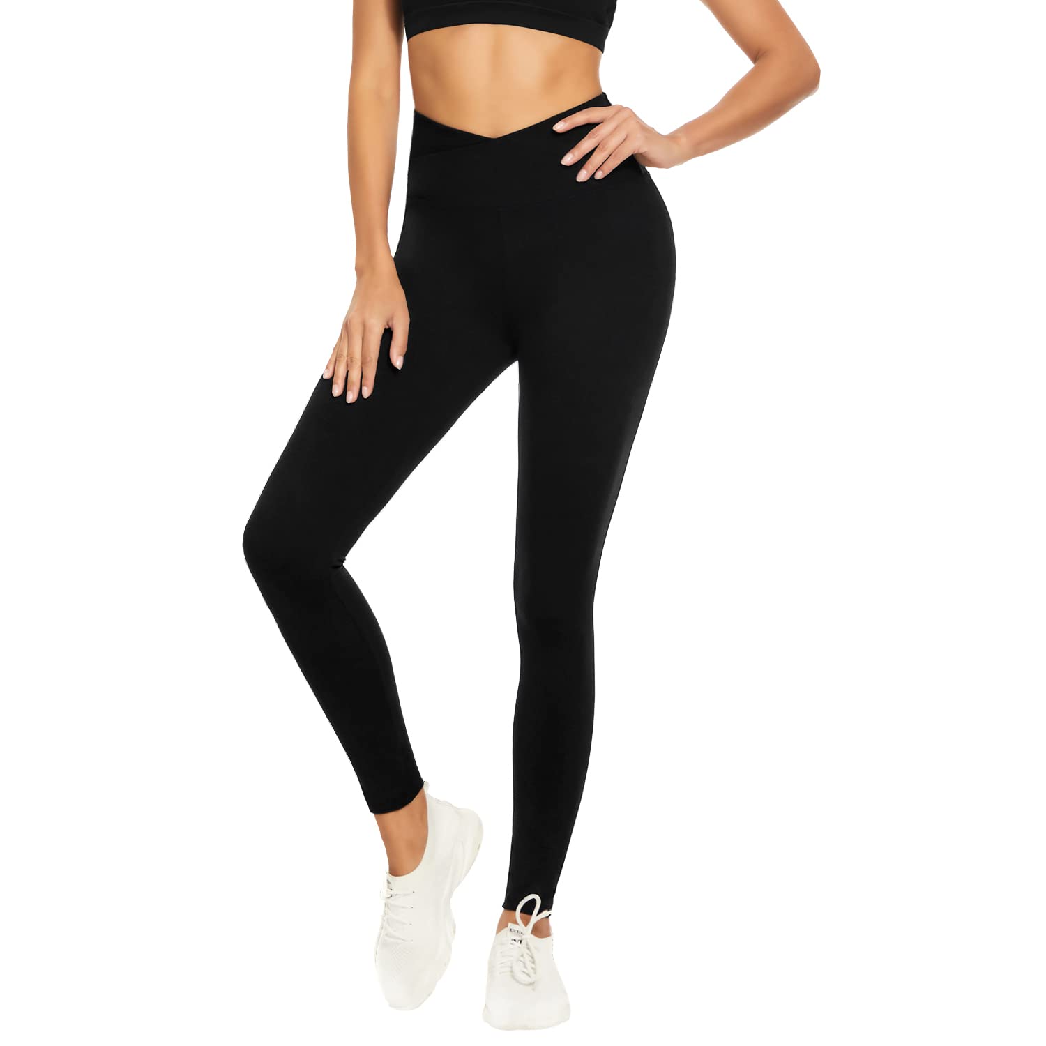 V Cross Waist Leggings for Women-Tummy Control Soft Workout Running High Waisted Non See Through Black Yoga Pants
