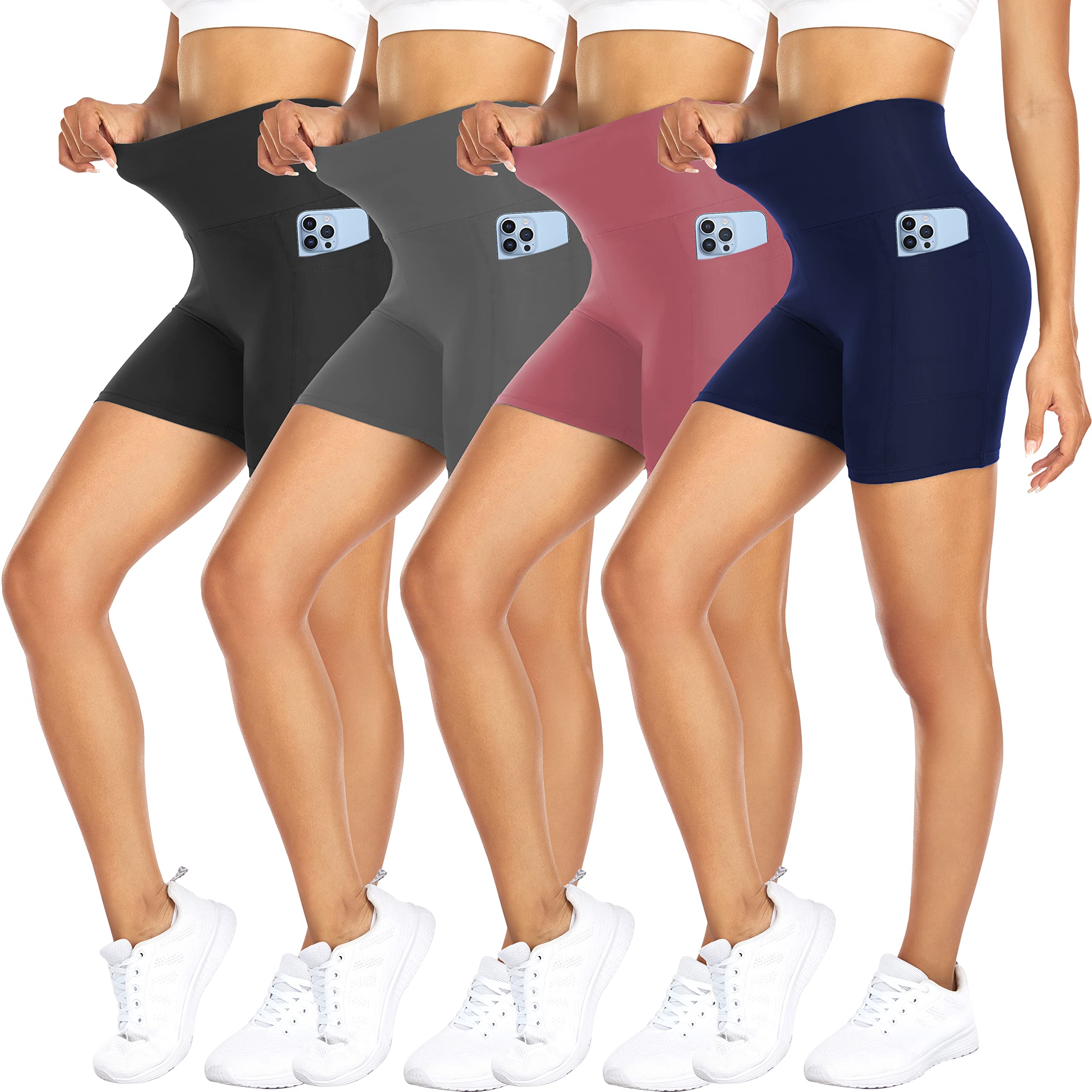 4 Pack Biker Shorts for Women with Pockets – 5" High Waisted Tummy Control Workout Yoga Running Gym Short Pants