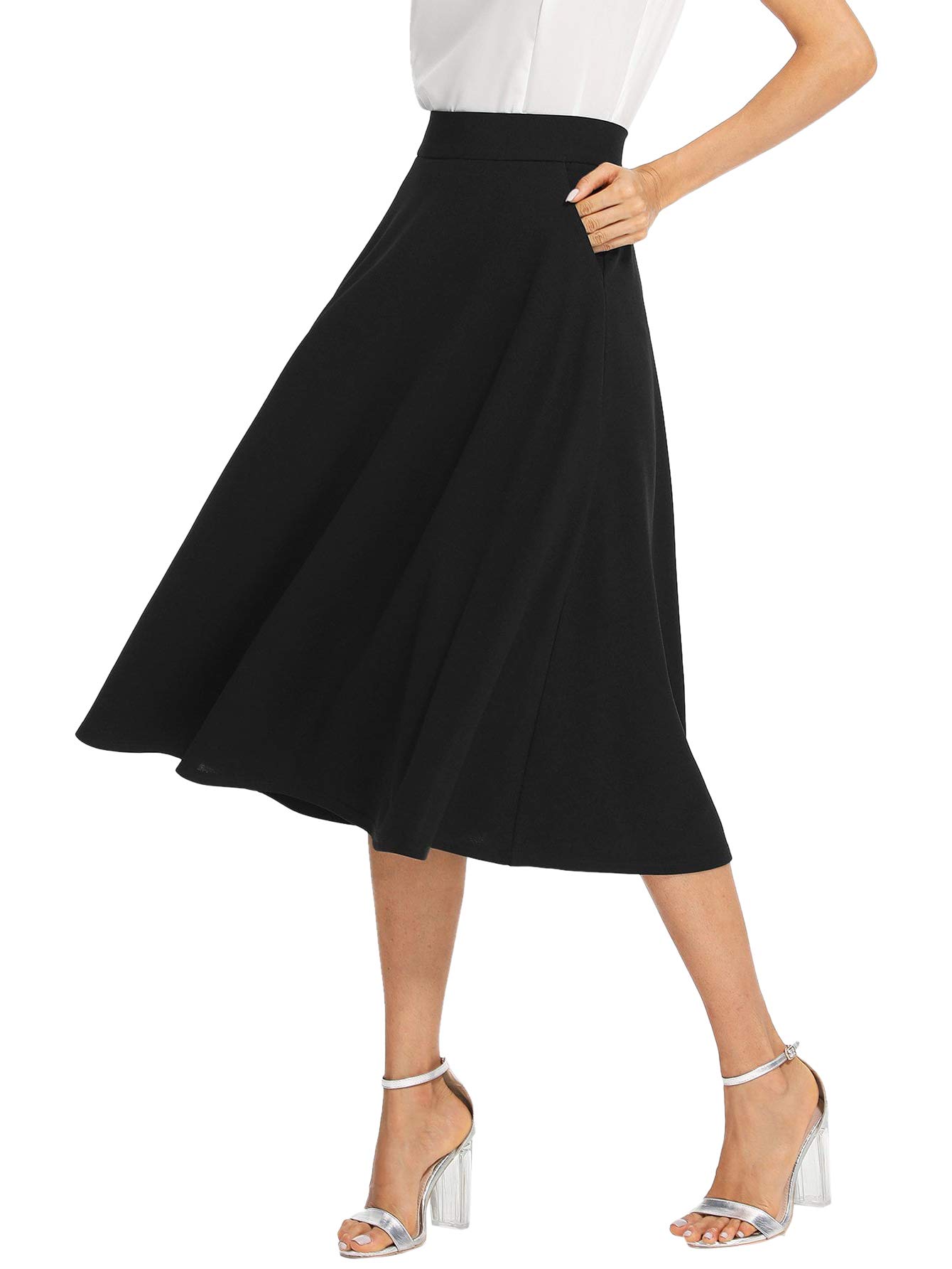 Women's Casual High Waist A Line Pleated Midi Skirt with Pockets