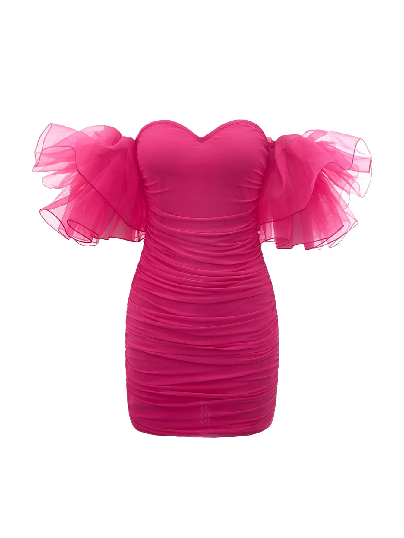 Women's Off Shoulder Flutter Half Sleeve Ruched Mesh Cocktail Bodycon Mini Dress