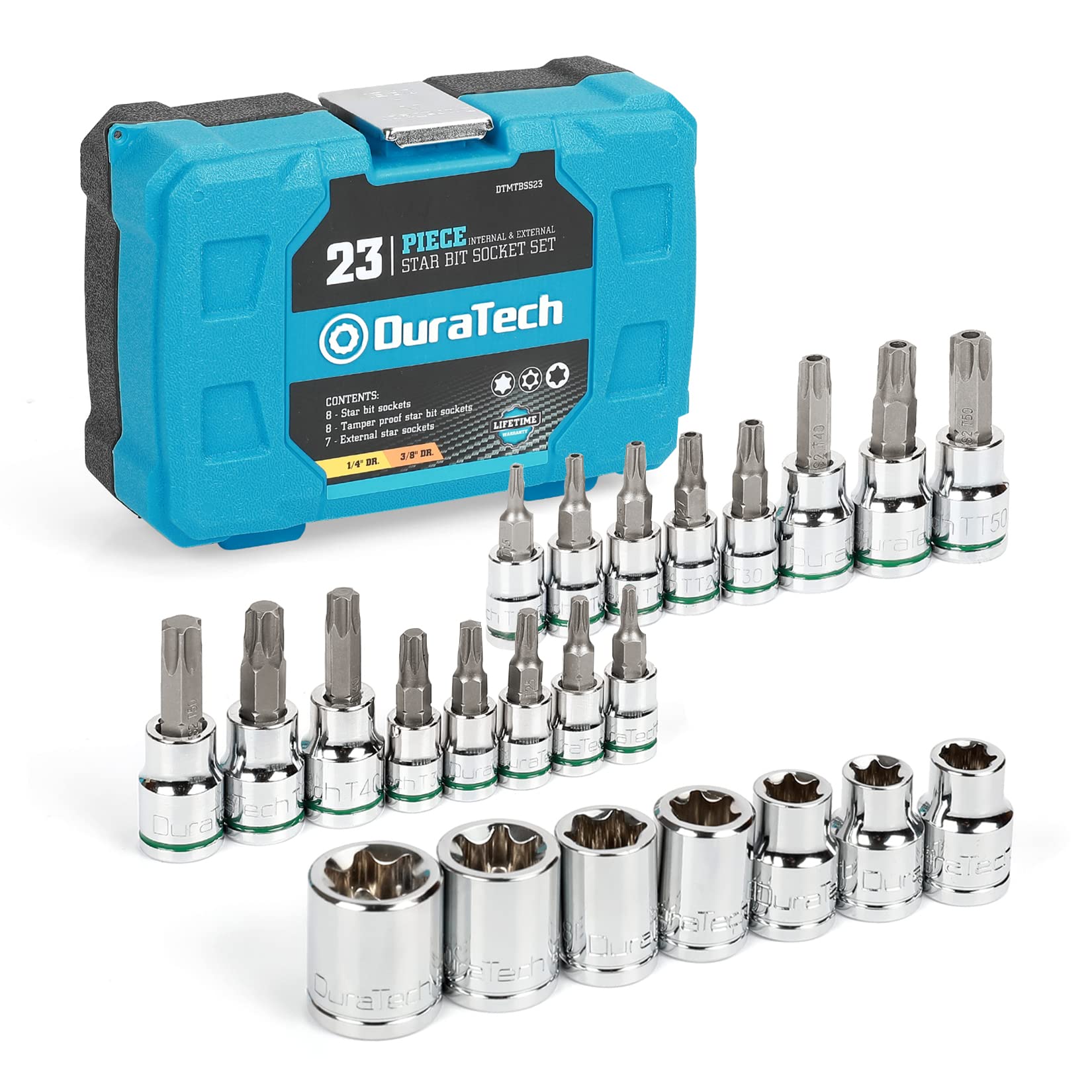 DURATECH 23-Piece Torx Bit Socket and External Torx Socket Set, 8 Star Sockets, 7 Female E-Torx Sockets, 8 Tamper Proof Torx Sockets with Storage Box, Premium S2 and CR-V Steel Made