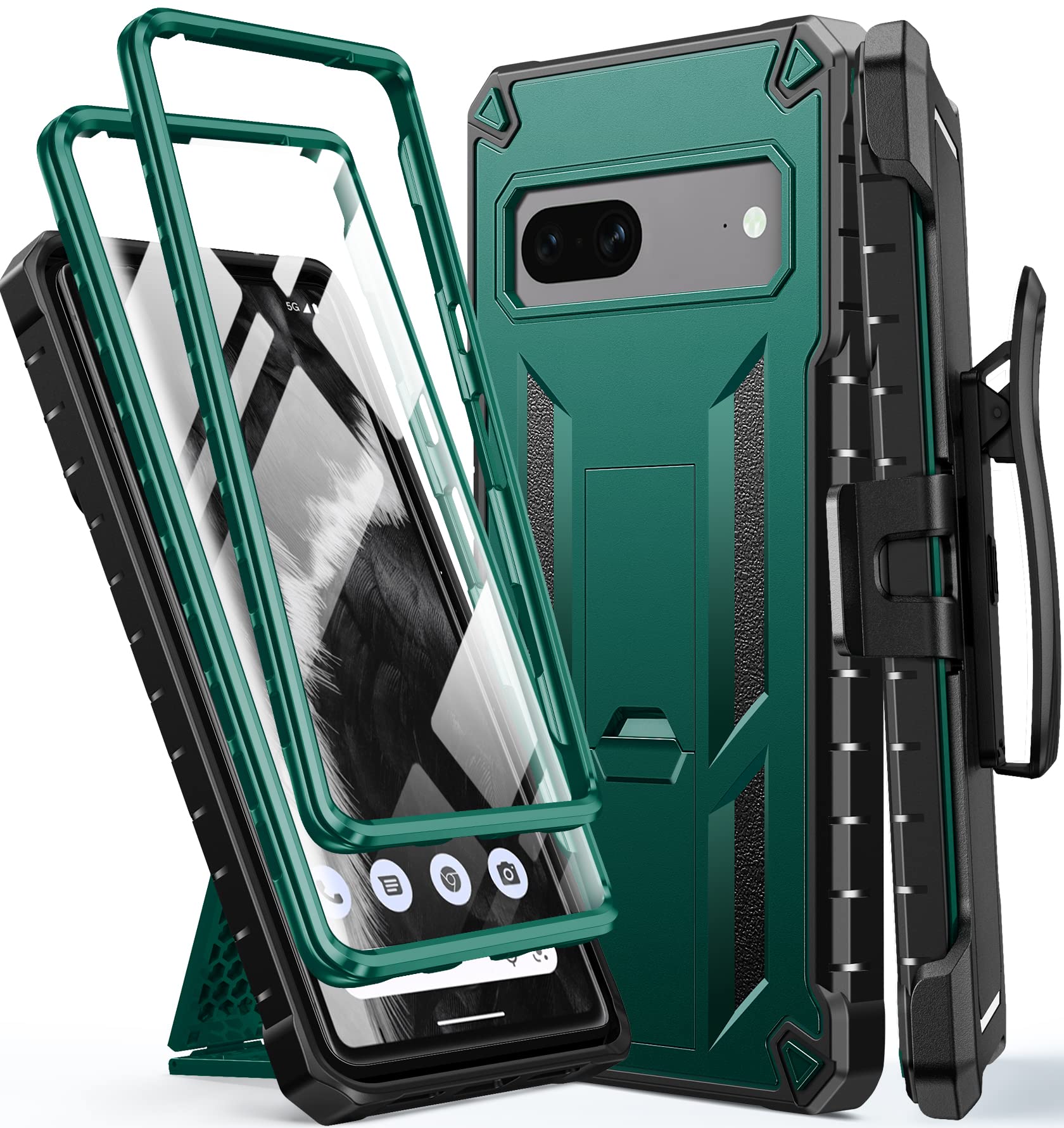 for Google Pixel 7 Case: Built-in Screen Protector & Kickstand | Extra Front Frame | Full-Body Dual Layer Rugged Belt-Clip Holster | Military Shockproof Cell Phone Protective Cover 5G - Jade Green
