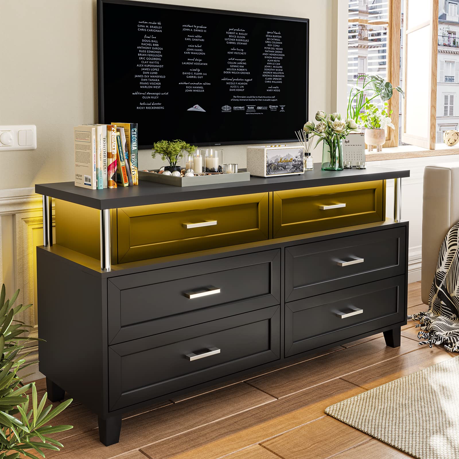 VIAGDO Dresser for Bedroom, 6 Drawer Dresser with LED Light, Modern Chest of Drawers, Wood Black Dresser for Living Room, Entryway and Hallway