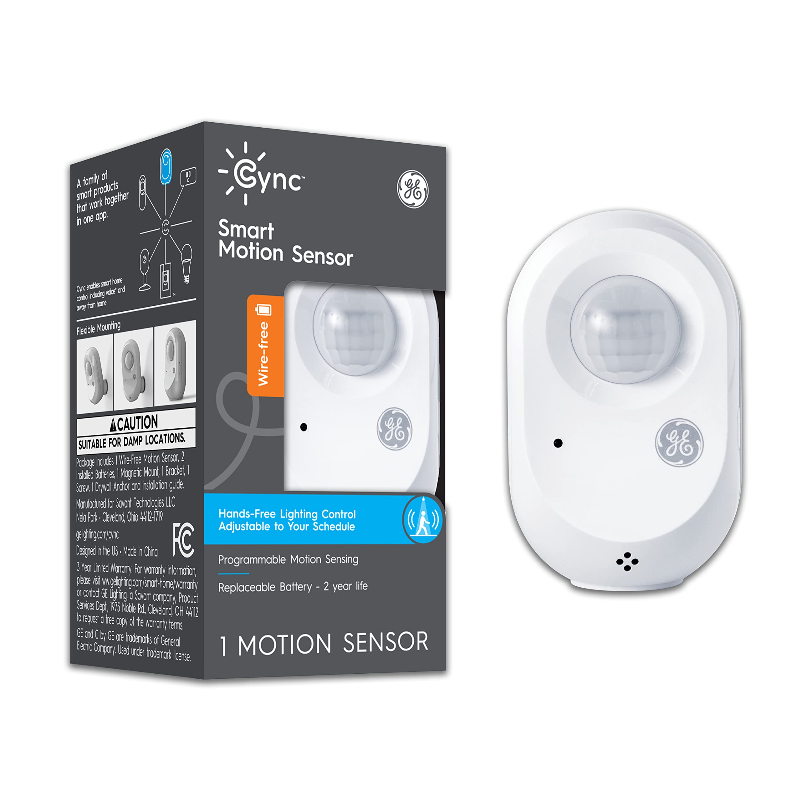 GE CYNC Smart Wire-Free Motion Sensor, Programmable, Bluetooth and Wi-Fi Enabled, Ambient Light Detection, Battery Powered (1 Pack)