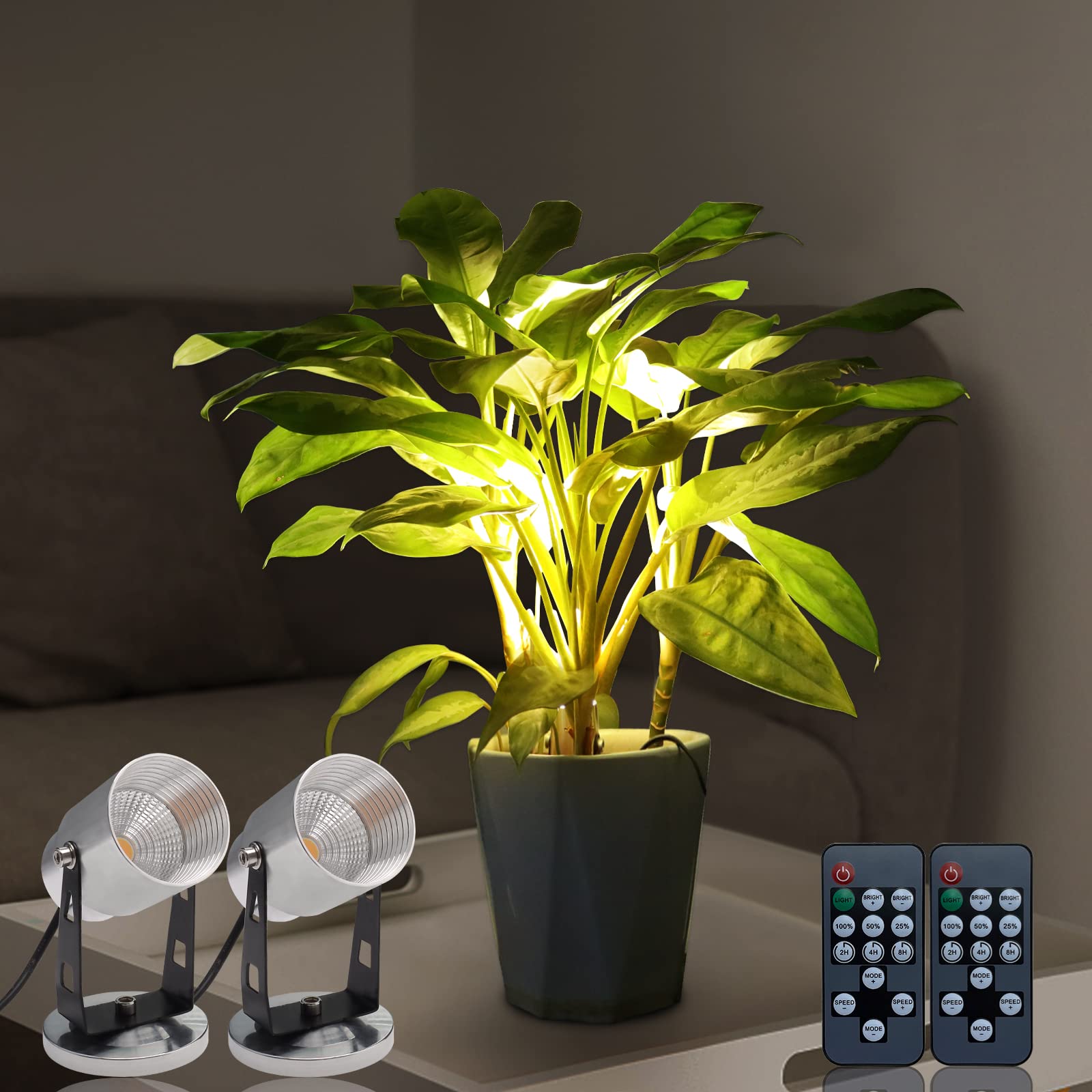 2 Pack LED Spot Lights Indoor Dimmable Accent Lighting Uplights with Remote 7.5 ft Cord Adjustable Warm White Aluminum Finish Up Light for Plants Art Decor (Base and Stake Included)