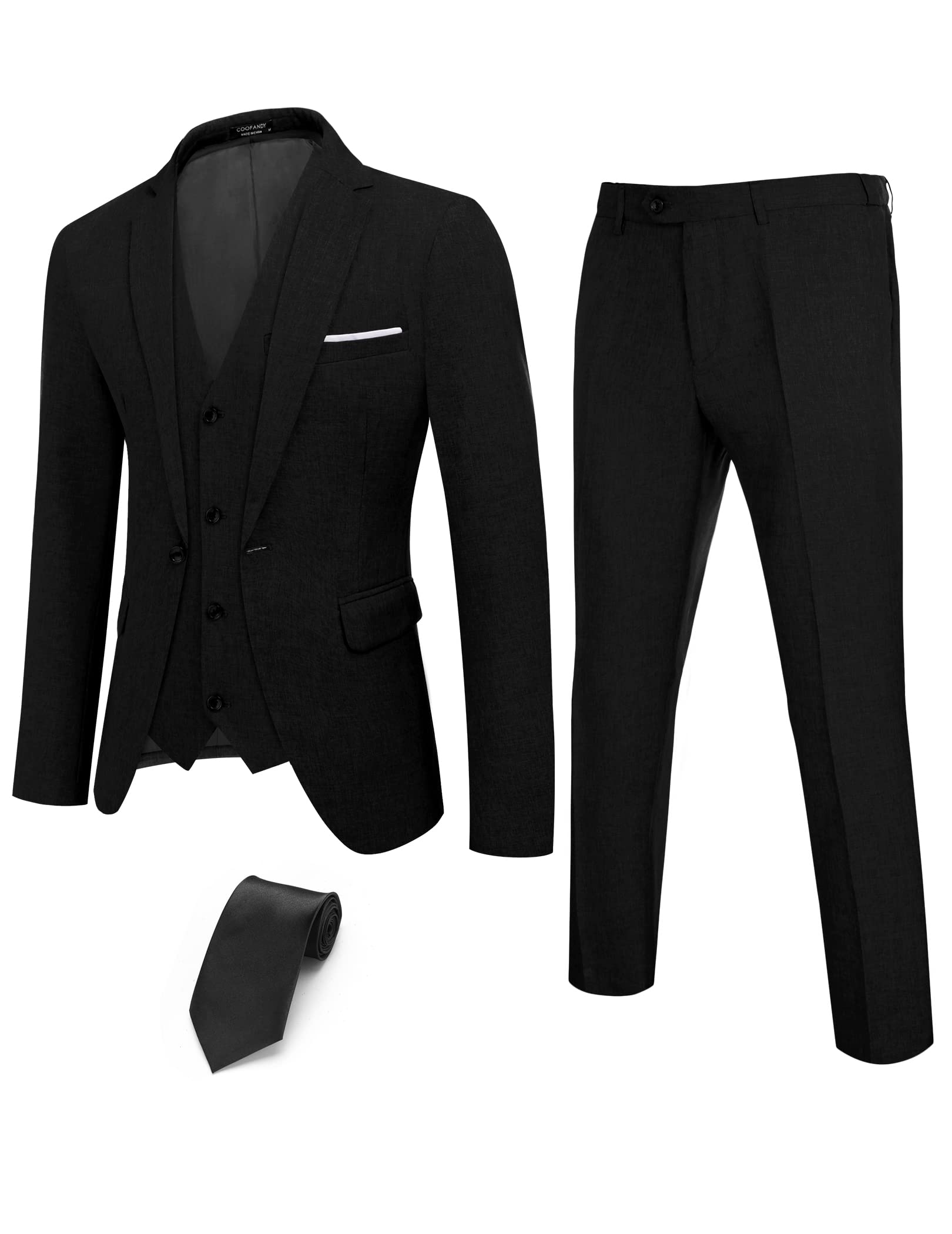 Men’s Casual 4 Piece Suits One Button Blazer Jacket Vest Pants with Tie Black