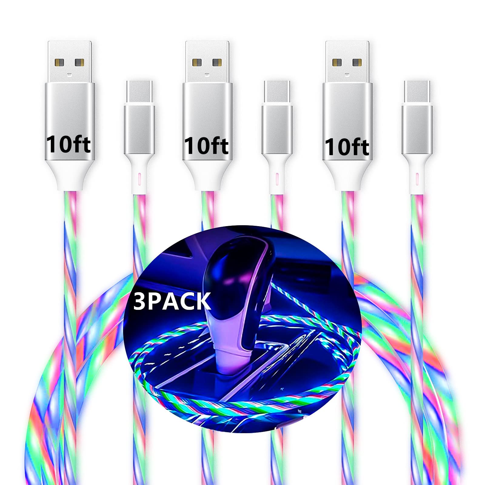 WFFOIFL USB Type C Cable(3-Pack 10ft), Led Light Up Charging USB A to USB C Flowing Charge Cord Compatible with Android Samsung Galaxy S10 S9 S8 Plus,Note 9 8,No Fast,USB C Charger