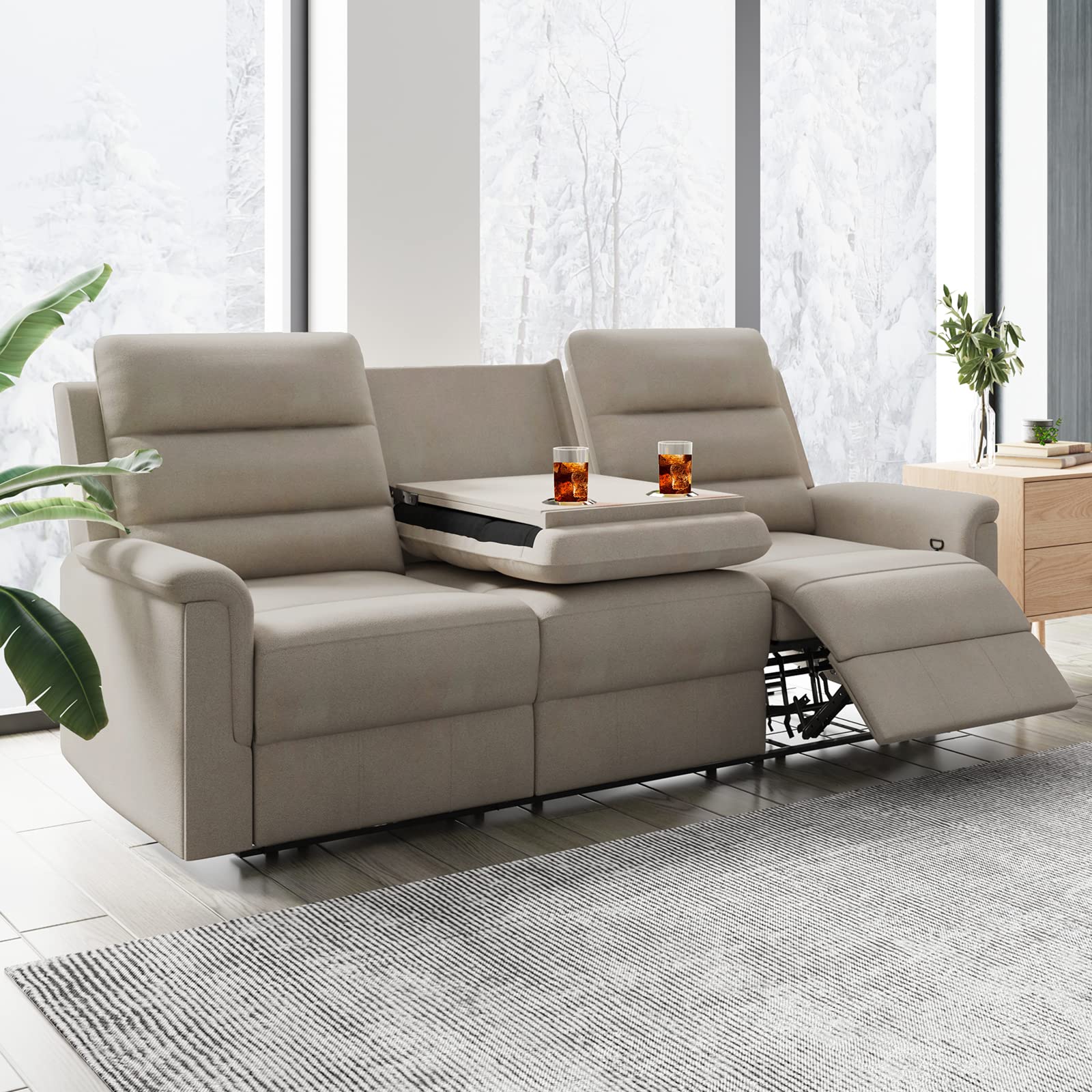 Mjkone Reclining Sofa for Living Room,Sofa Recliner with Drop Down Table and 2 Cup Holders,3-Seater Couch with Flipped Middle Backrest,Home Theater/Office Seating Furniture-Beige