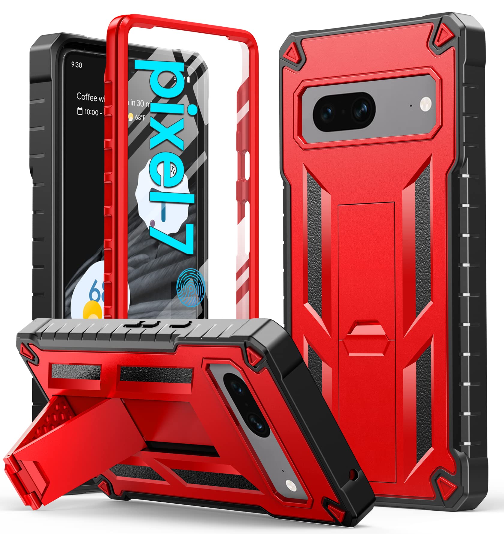 FNTCASE for Google Pixel 7 Case: Built-in Screen Protector & Kickstand | Full-Body Dual Layer Rugged Heavy Duty Protection | Military Shockproof Cell Phone Protective Cover 5G - Red