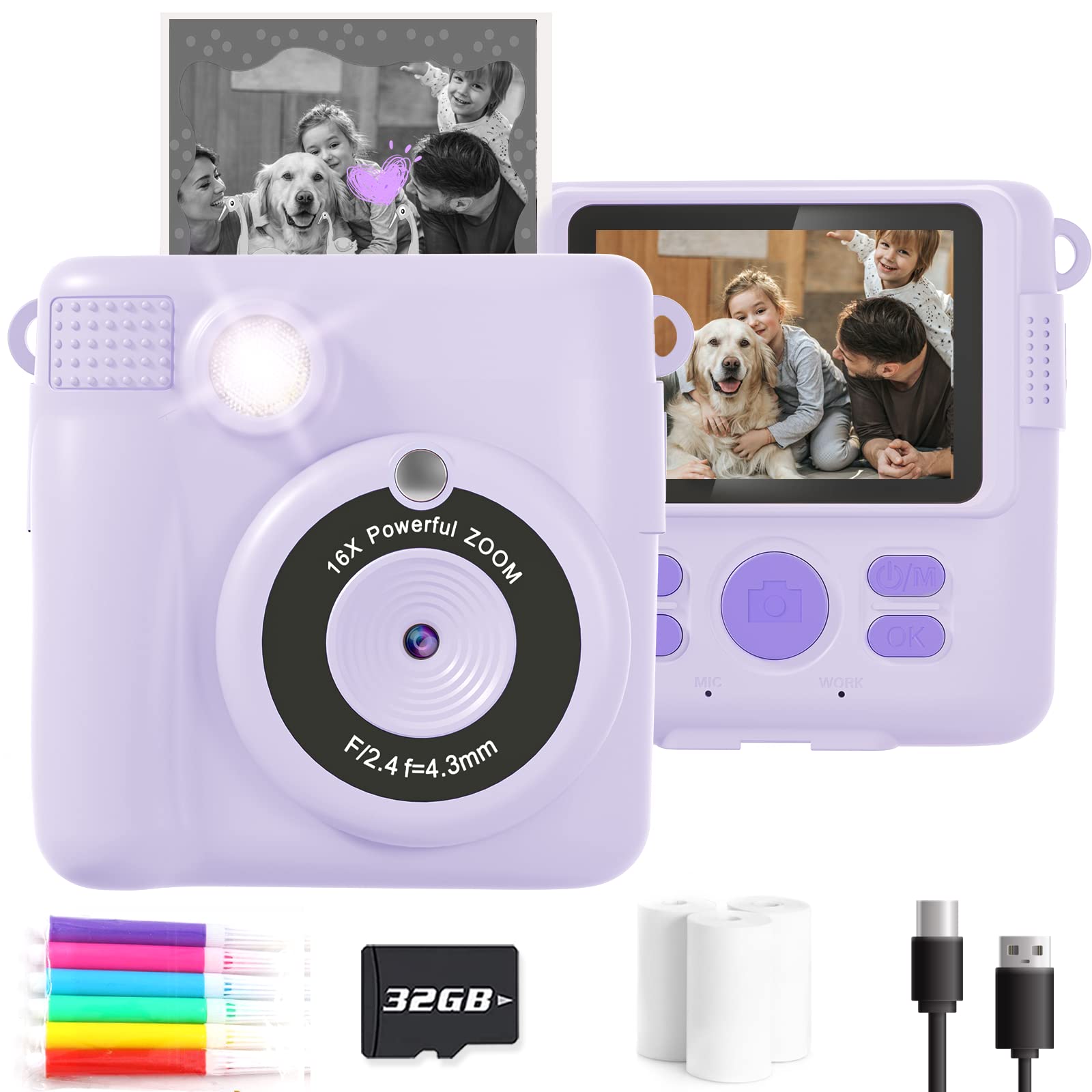 Anchioo Instant Print Camera Toys for Toddlers Age 3-8,Boys and Girls Birthday Gifts with 1080P HD Video Recording,Kids Selfie Digital Camera Electronic Travel Game with Photo Paper 6 Color Pen,Purple