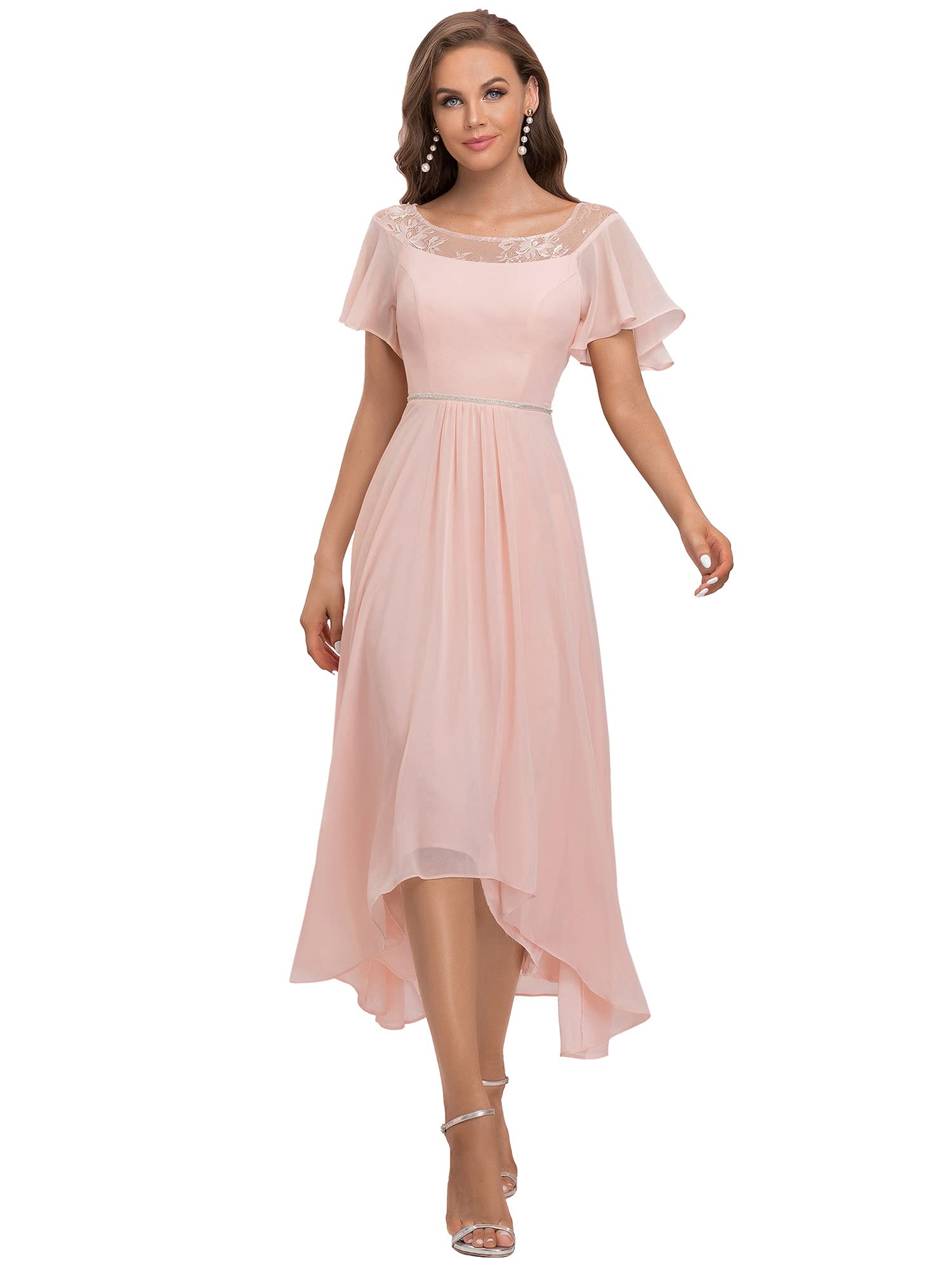 Women's Elegant A-line Short Sleeve High Low Chiffon Midi Bridesmaid Dress 0465