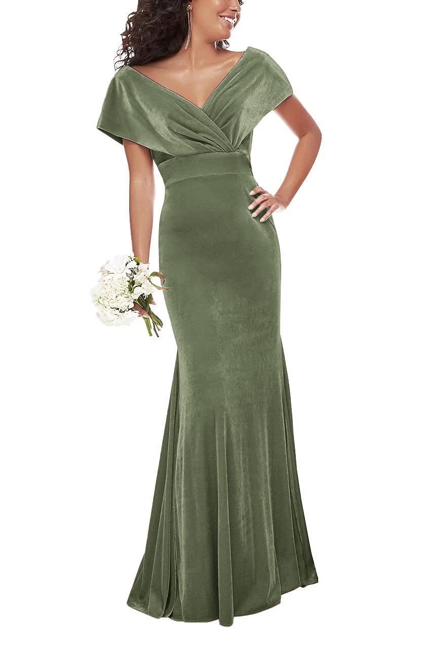 Wchecalino Women's Velvet Off The Shoulder Bridesmaid Dresses Long Mermaid Wrap V Neck Wedding Formal Prom Dress