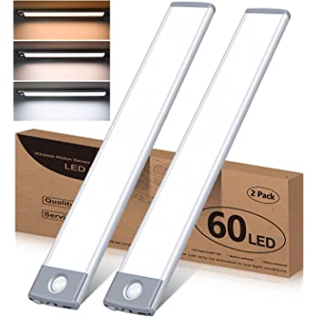          60 LED Under Cabinet Lights 2 Packs, 3 Color Temperatures Motion Sensor Light Indoor, 2500mAh Rechargeable Stepless Dimmable Closet Lighting, Wireless Night for Drawer, Wardrobe, Kitchen, Hal