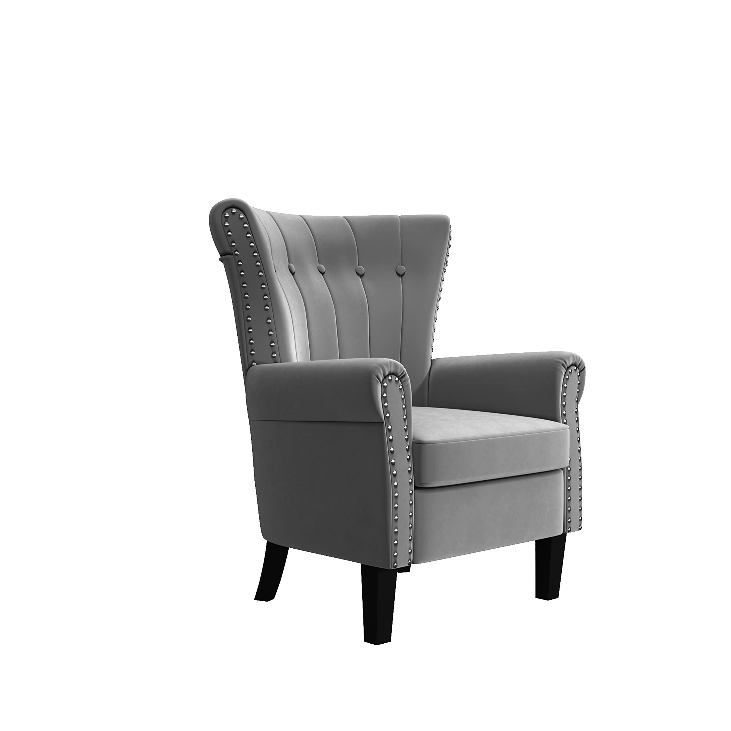 Modern Velvet Single Sofa,Vanity Decor Wingback Armchair Curved Tufted Club Adult Sofa with Wood Legs for Living Room, Bedroom, Office,Light Grey