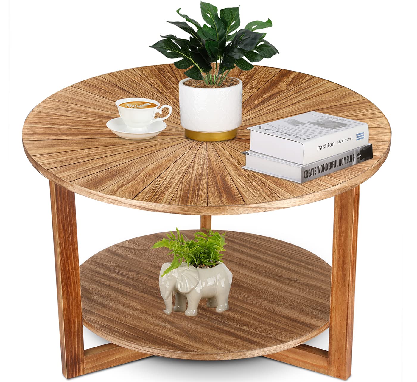Coffee Tables for Living Room, Small Round Coffee Table with Storage, Mid Century Modern Solid Wood Coffee Table, Rustic Wooden Circle Center Table Living Room Furniture, Brown Tea Table