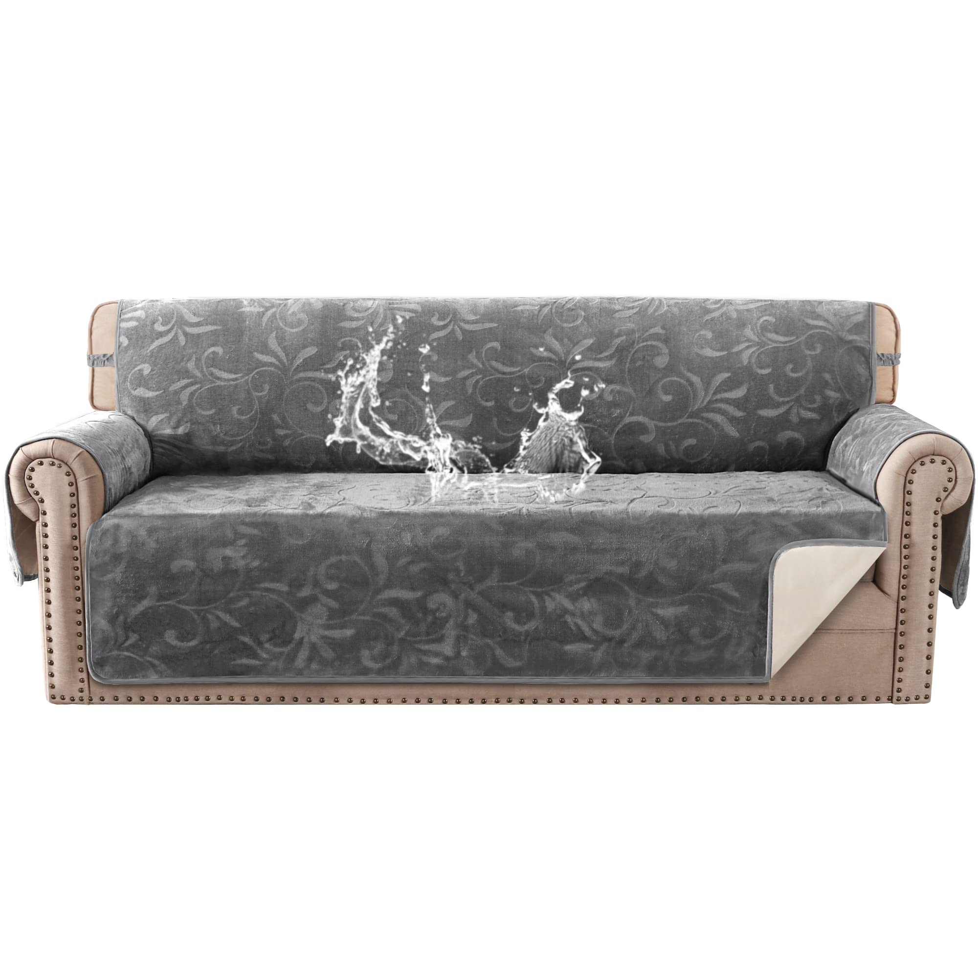 Sofa Slipcover 100% Waterproof Sofa Cover Couch Cover Premium Velvet Classic Flower Pattern Furniture Protector Non Slip with Elastic Straps for Pets Dogs Width Up to 72 Inch (Large Sofa, Grey)