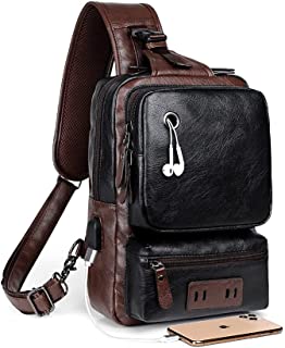 Small Black Sling Crossbody Backpack Shoulder Bag for Men Women Vintage PU Leather Sling Backpack Cycling USB Charger