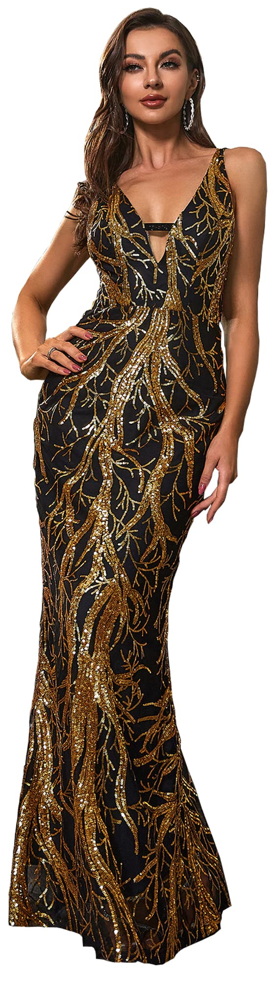 Women's Sequin V Neck Paillette Tree Branch Tulle Backless Lace Up Mermaid Evening Dress