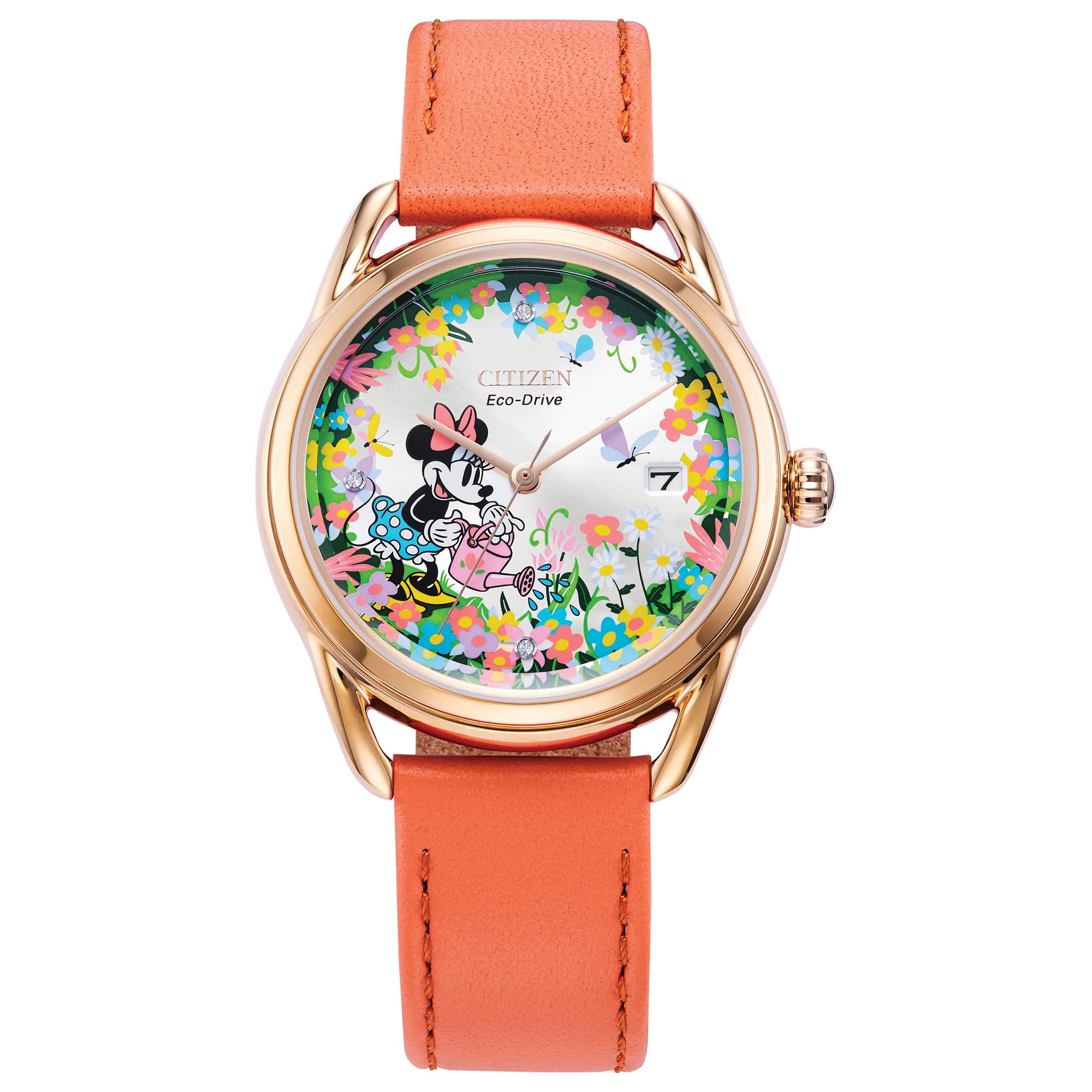 Eco-Drive Disney Women's Watch, Stainless Steel with Leather Strap, Minnie Mouse, Coral Orange
