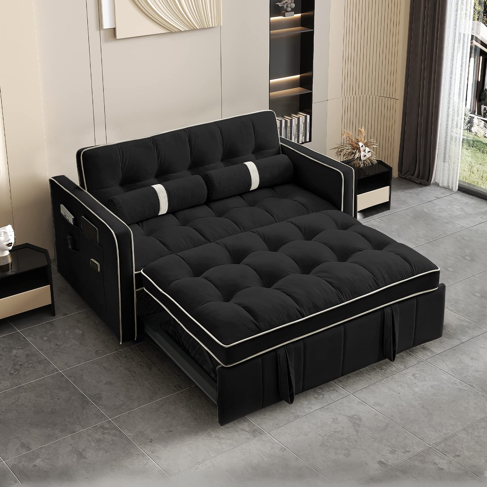 GEEVIVO Pull Out Sofa Bed, 55.5" Loveseat Sleeper Sofa Bed, with Side Pocket Storage, Adjustable Backrest and Waist Pillow, Suitable for Living Room, Bedroom, Office and Other Scenes(Black)