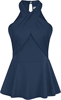 Women Halter Tank Tops Sleeveless Trendy Criss Cross Smocked Peplum A-Line Tops Casual Summer Blouse Shirts