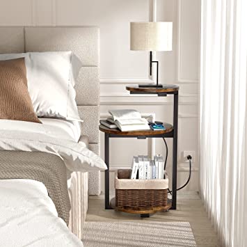          Herture Round End Table with Charging Station, Side Table with USB Ports and Outlets, Nightstand Bedside Table with 3-Tier Shelves, Small Accent Table for Living Room Bedroom, Rustic Brown PH