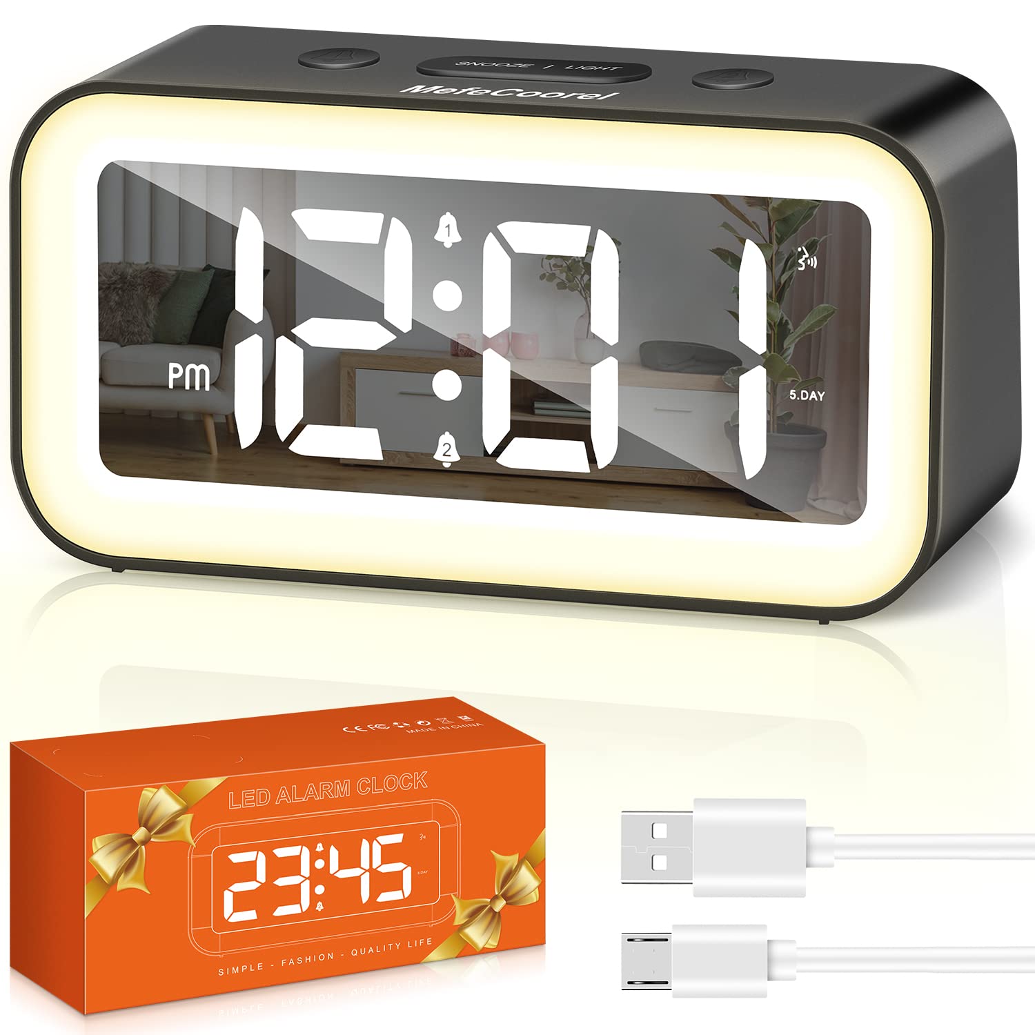 Digital Alarm Clock with Night Light 0-100% Adjustable Brightness Mirror Electronic LED Digital Clock Sound Activation 2 Alarm 12/24Hr Snooze USB Port Alarm Clocks for Bedrooms Bedside Kids(Black)