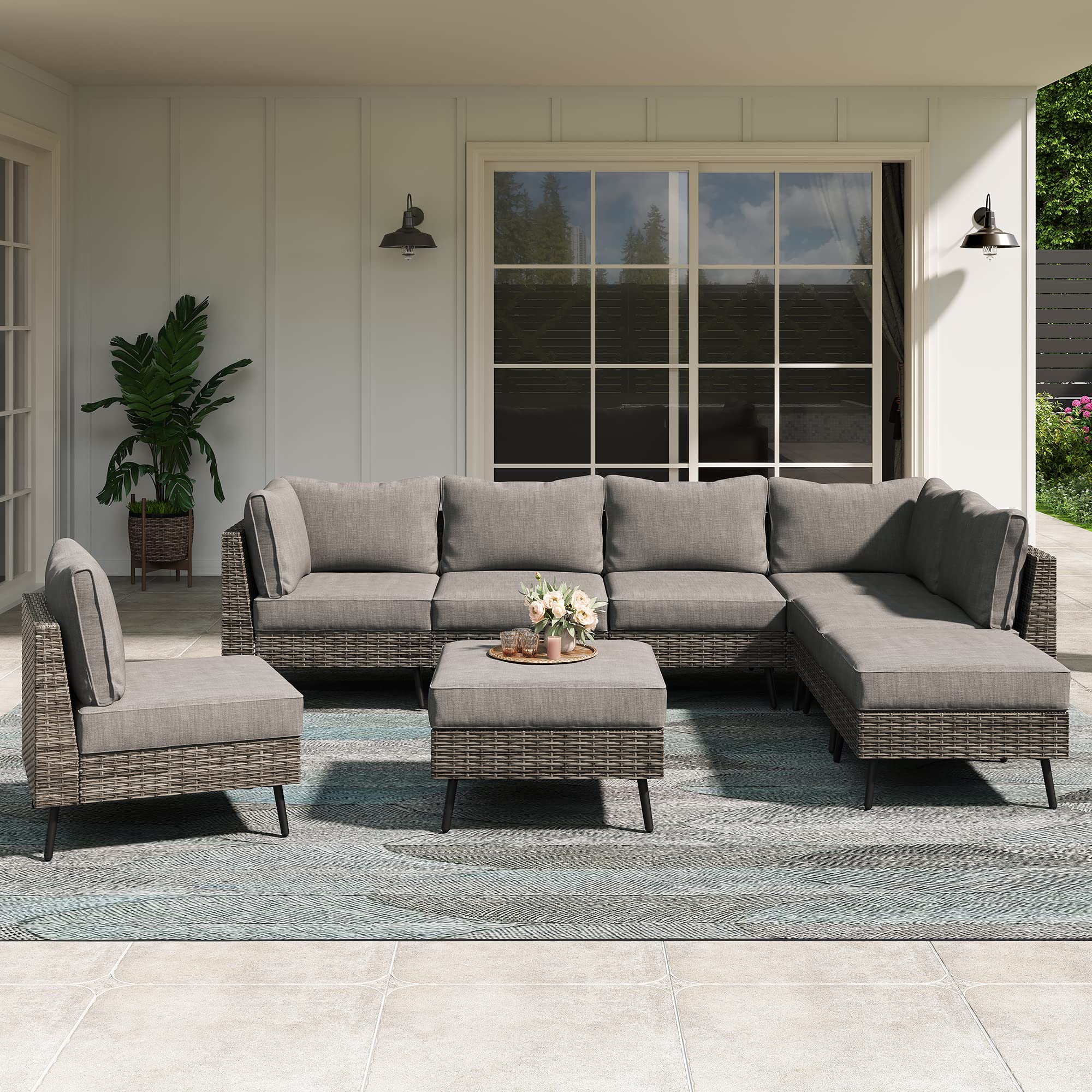 LAUSAINT HOME Outdoor Patio Furniture, 8 Piece Outdoor Sectional Sofa PE Rattan Patio Conversation Sets, All Weather Patio Furniture Set with Thick Cushions for Garden, Poolside, Backyard (Grey)
