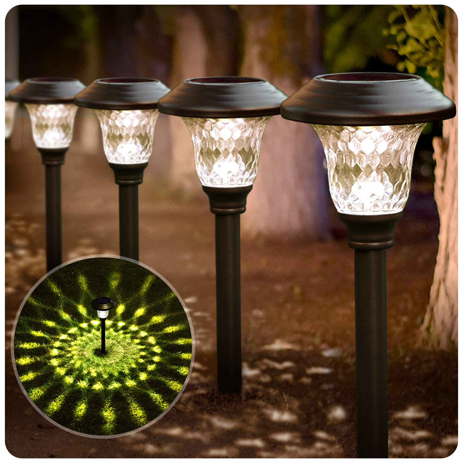 BEAU JARDIN 8 Pack Solar Pathway Lights Outdoor Waterproof Bright LED Solar Landscape Lights Garden Stake Glass Stainless Steel Auto On/Off Wireless Lighting for Garden Yard Walkway Bronze BG1691