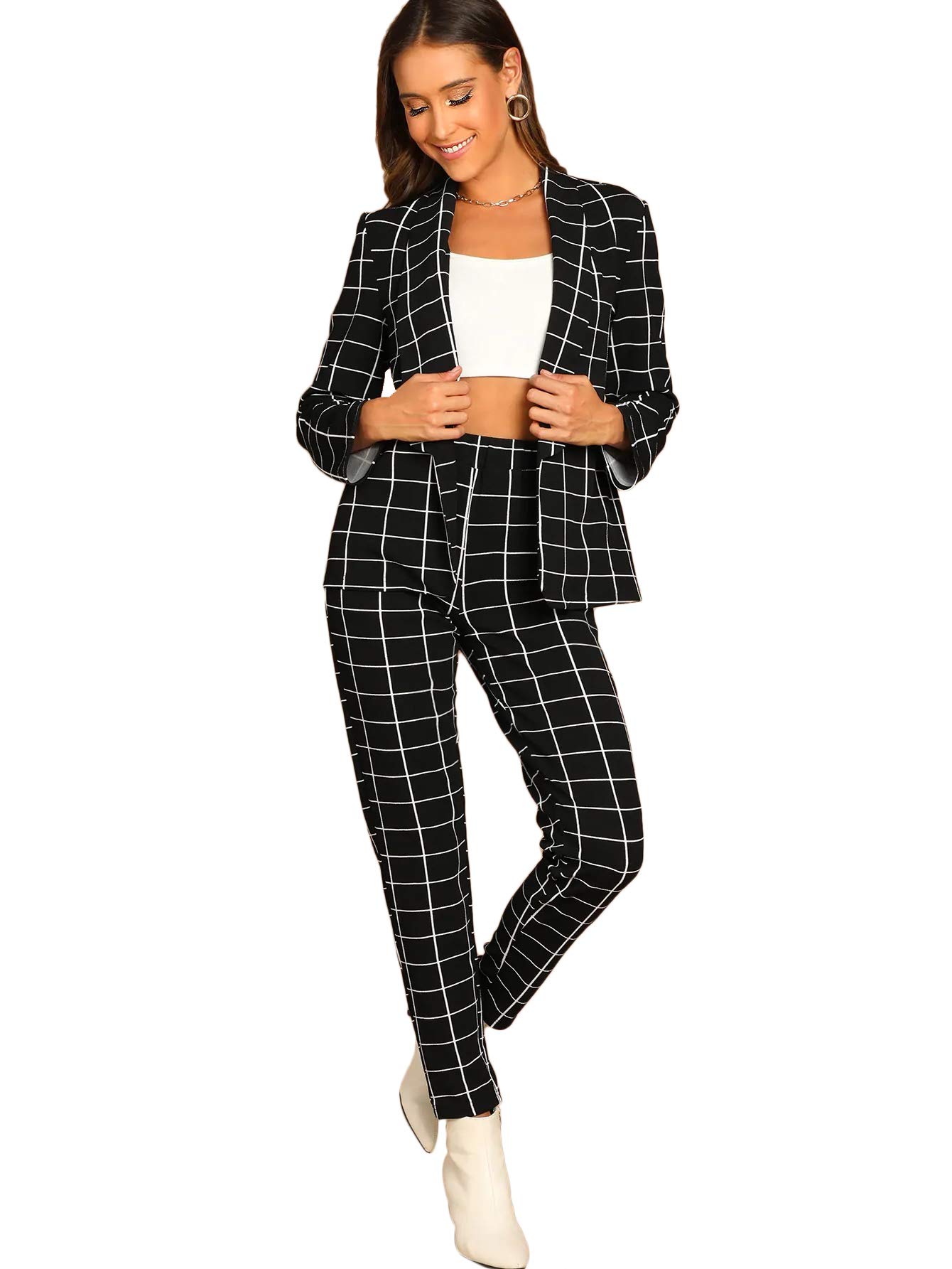 Women's Two Piece Plaid Open Front Long Sleeve Blazer and Elastic Waist Pant Set Suit