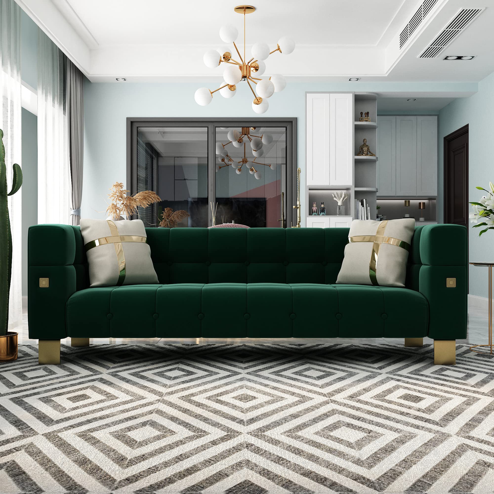 89'' Green Velvet Couch Sofa,3 Seat Mid Century Modern Couch for Living Room Comfy Sofa with Gold Leg