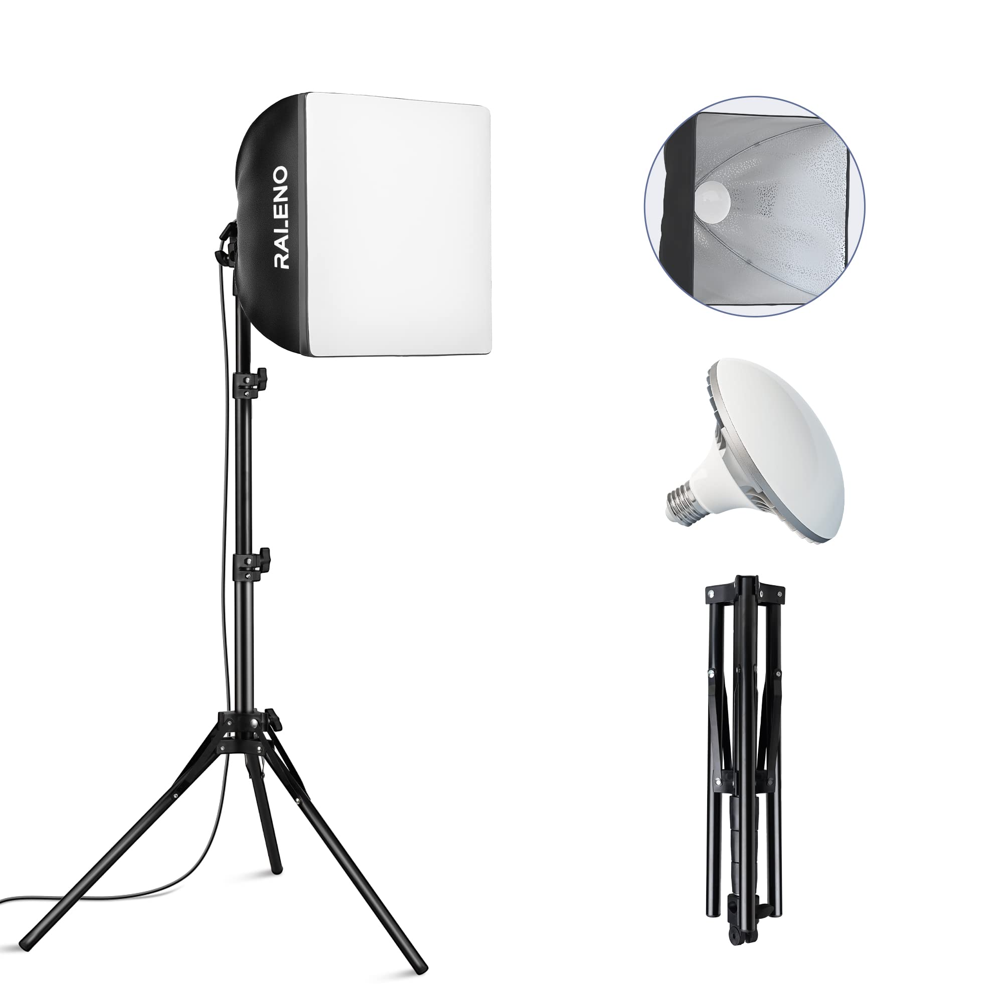 RALENO Softbox Lighting Kit, 16'' x 16'' Photography Studio Equipment with 50W / 5500K / 90 CRI LED Bulb, Continuous Lighting System for Video Recording and Photography Shooting