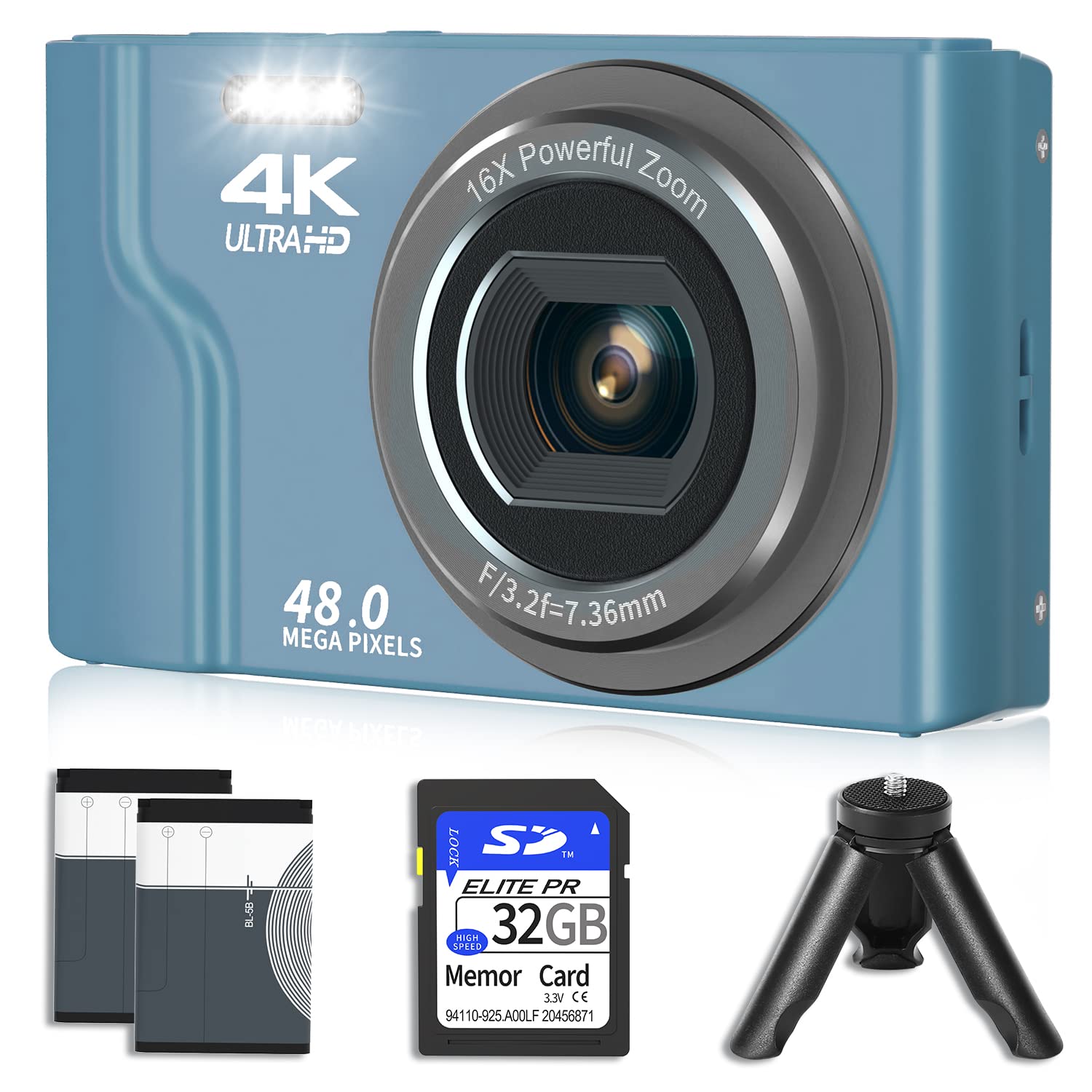 VJIANGER Digital Camera for Photography, 4K 48MP Point and Shoot Camera with 2.8" Screen, 16X Digital Zoom, Vlogging Camera for Kids Tees Aldults with 32GB SD Card & 2 Batteries &Tripod(DC6-7 Blue)