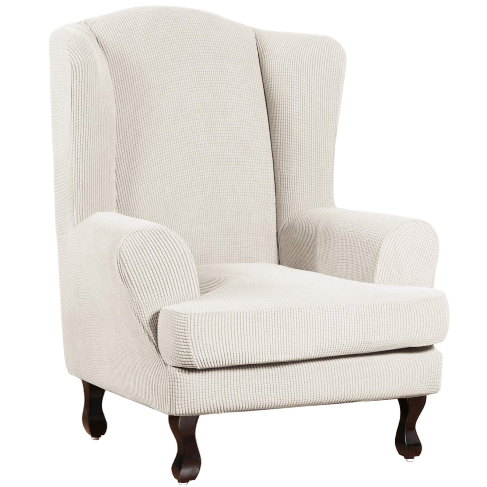 Turquoize Wingback Chair Covers 2 Piece Wing Chair Slipcover Stretch Slipcovers for Wingback Chairs Wing Chair Cover Spandex Jacquard Fabric with Elastic Bottom Non-Slip Furniture Cover, Ivory