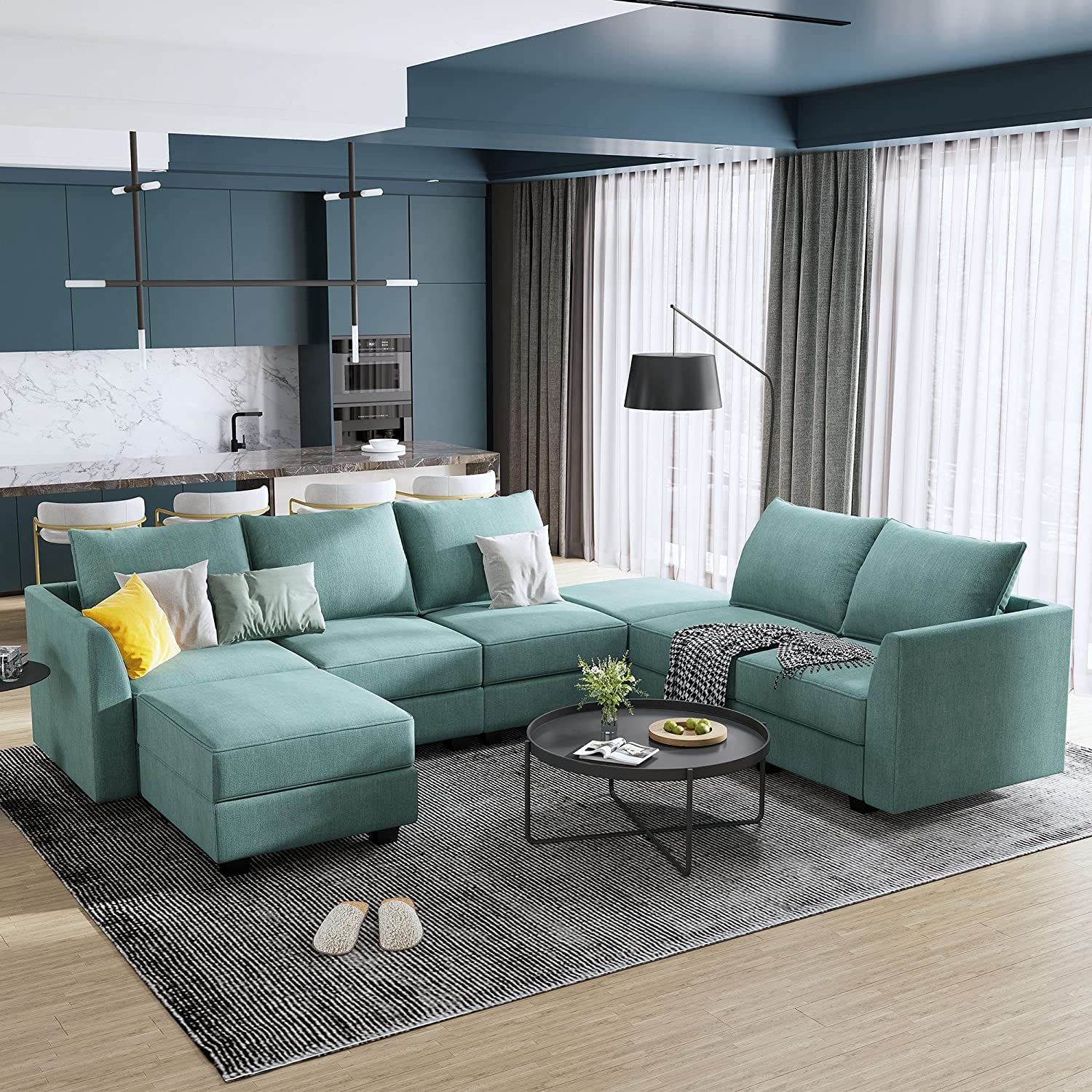 Reversible Sectional Sofa with Chaise and Ottoman Modular Sectional Couch with Storage U Shape Corner Sectional Sofa Set, Aqua Blue