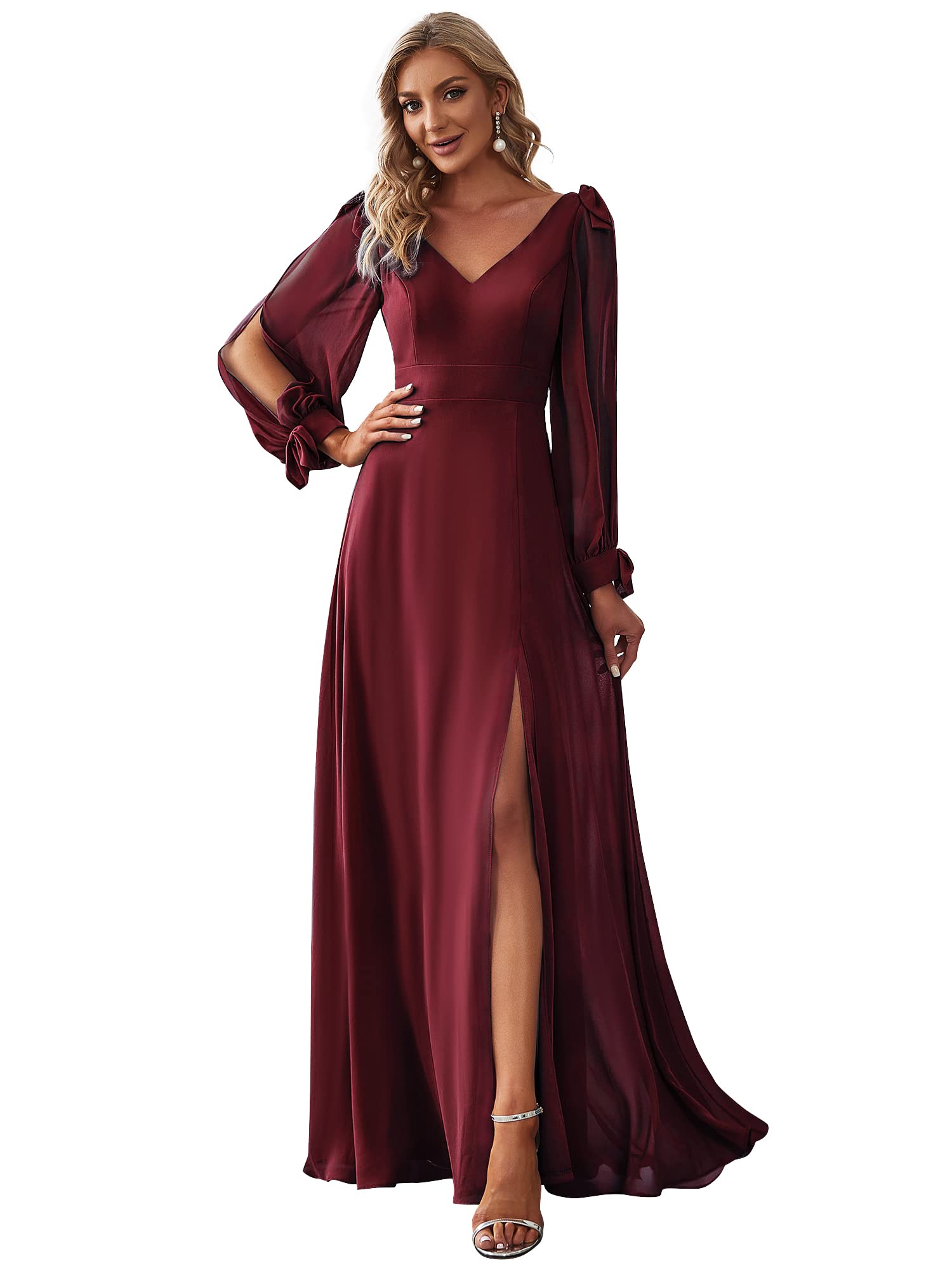 Women's V Neck Long Sleeve Elegant Chiffon A Line Side Slit Formal Dress 80116