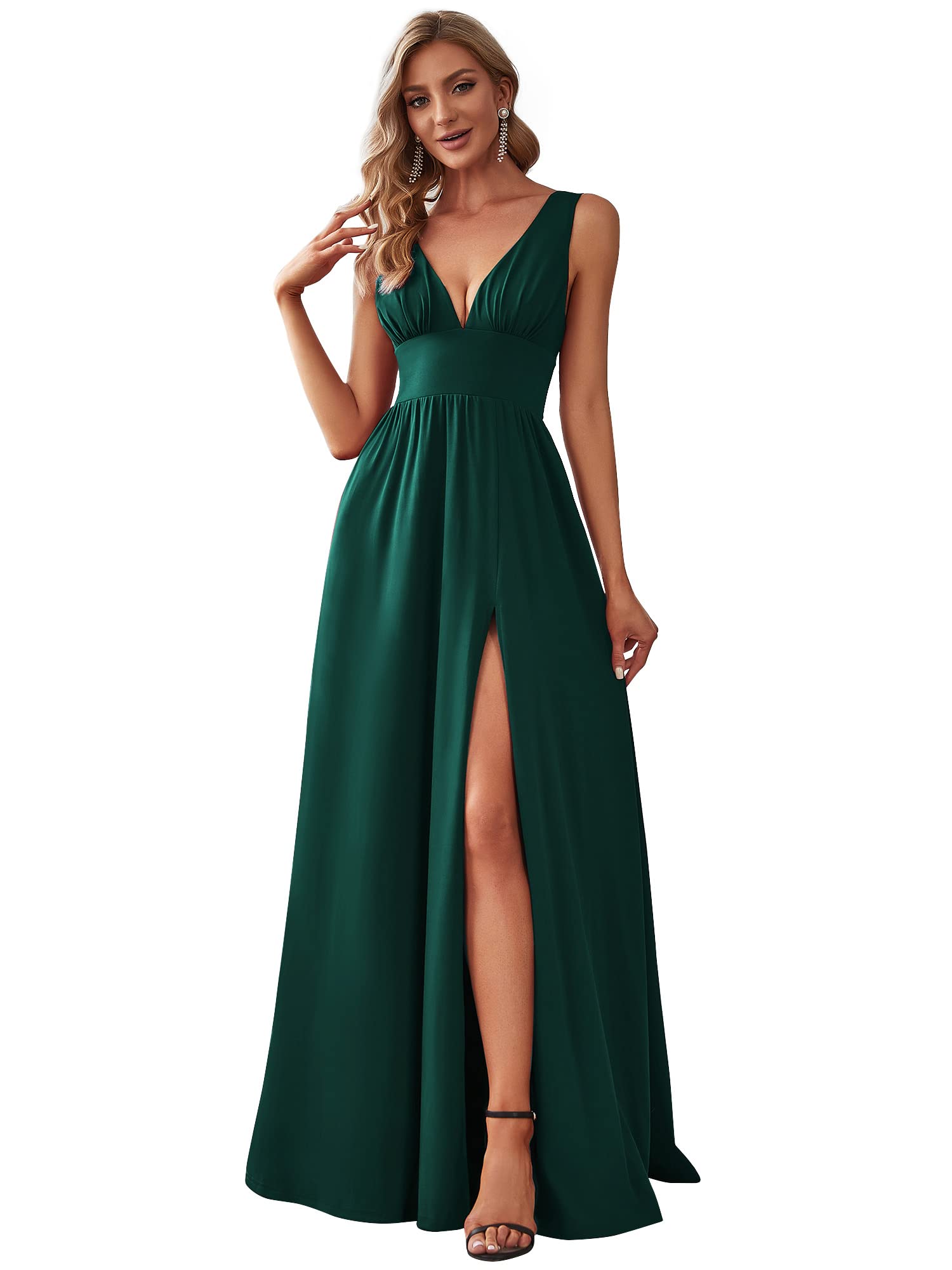 Women's Side Slit Double V-Neck Sleeveless Maxi Evening Gowns Party Dress 0168B
