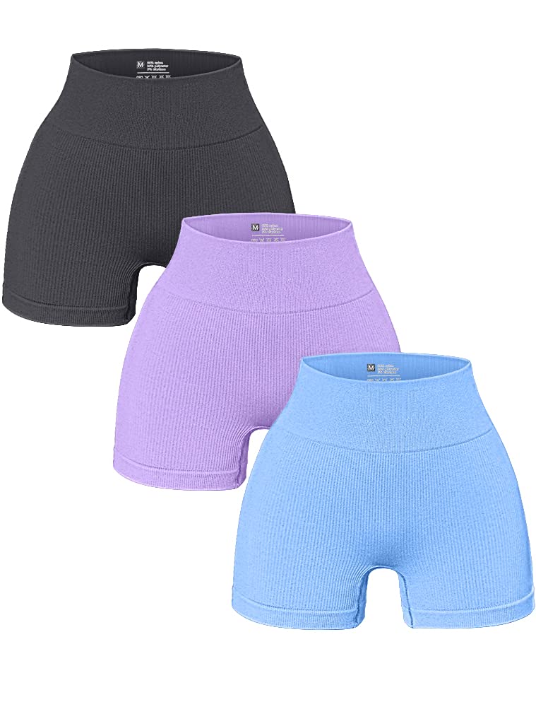 Women's 3 Piece Yoga Shorts Ribbed Seamless Workout High Waist Athletic Leggings